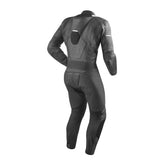Men's leather motorcycle suit one-piece with matte cowhide, CE-approved protection, high visibility reflector, and back hump.
